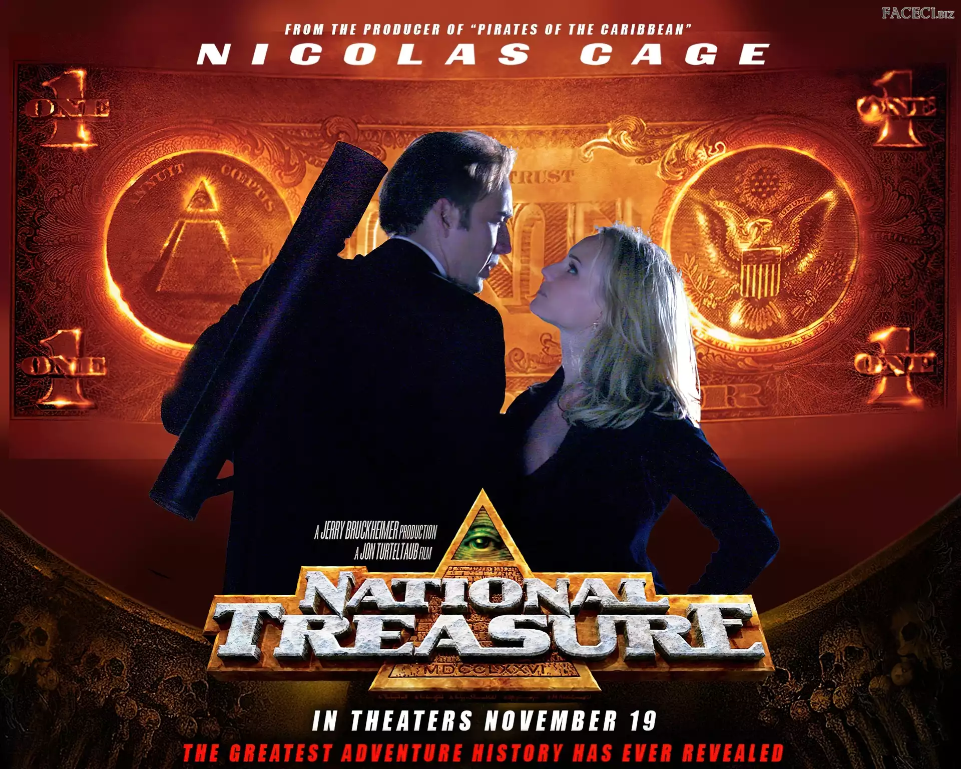 banknot, złoty, Nicolas Cage, National Treasure 1, Diane Kruger
